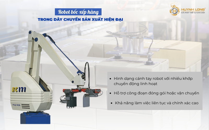 Cánh tay robot là thiết bị tự động thực hiện các thao tác xếp bao bì, thùng carton, chai lọ hoặc sản phẩm đóng gói lên pallet