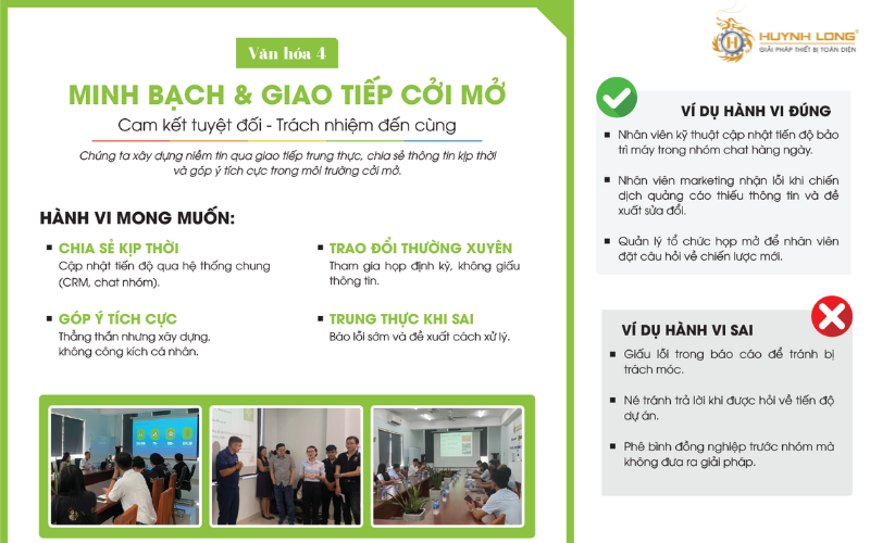 Huỳnh Long tổ chức truyền thông văn hoá nội bộ năm 2025 6 Văn hoá 4 đề cao sự trung thực, minh bạch trong giao tiếp và chia sẻ thông tin giữa các thành viên và phòng ban