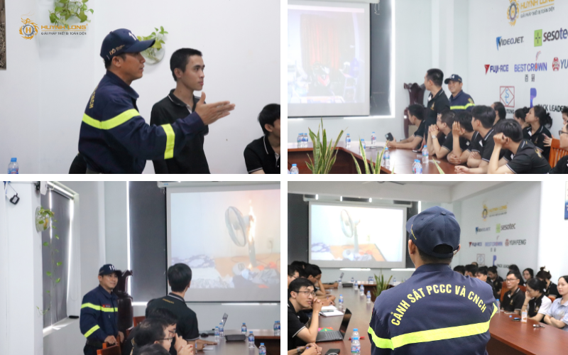 Cán bộ chia sẻ, ttuyên truyền & hướng dẫn tập huấn PCCC tại phòng họp Huỳnh Long