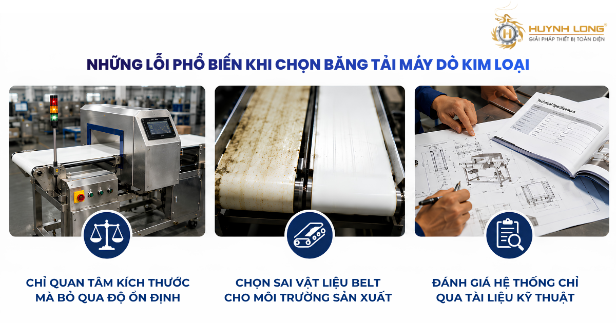 Băng tải máy dò kim loại: Những điều cần biết trước khi lựa chọn 4 Lựa chọn sai băng tải có thể làm tăng downtime, giảm độ ổn định và ảnh hưởng hiệu quả dò kim loại thực tế.