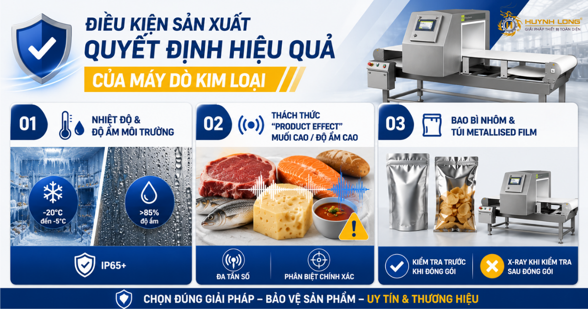 Điều kiện sản xuất thực tế sẽ quyết định hiệu quả của giải pháp dò kim loại được chọn.